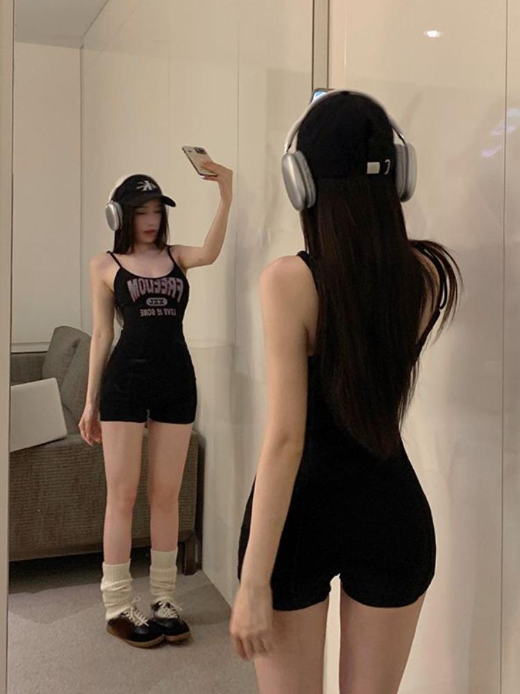 Süßer Hosenträger-Overall mit Grunge-Briefaufdruck, würziges Mädchen, Sommer, Y2k, schwarze Leggings, Damenmode, schlanker Overall, Shorts, neu