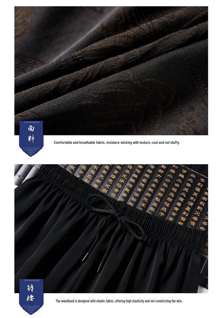 High-Quality Men's Striped Silk Tang Suit Summer Set: Chinese Style Casual Wear for Middle-Aged & Elderly