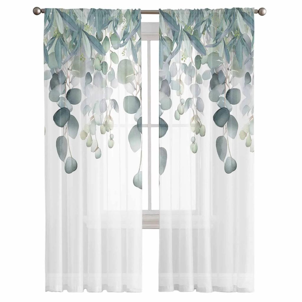 Spring Watercolor Plant Leaves Sheer Curtains For Living Room Kitchen Window Curtains Bedroom Tulle Voile Curtains