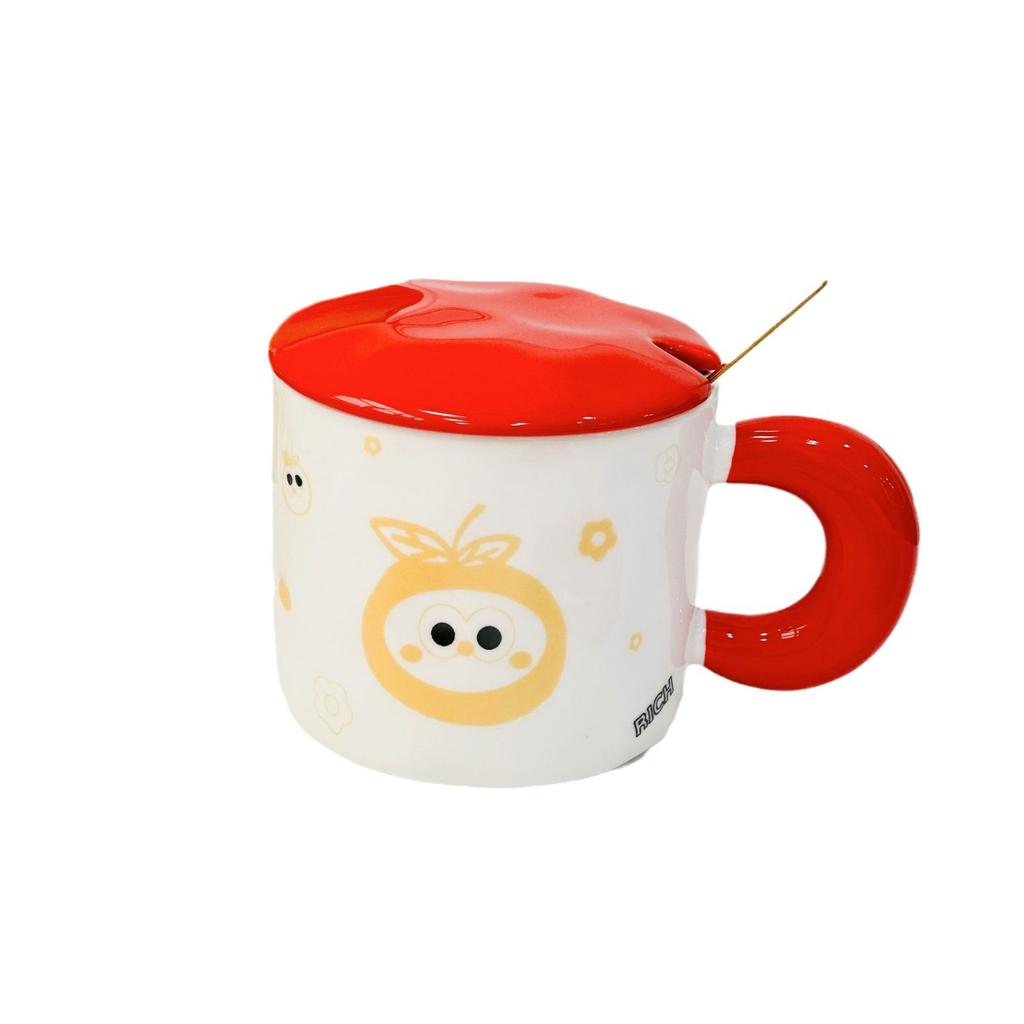 Small Orange with Lid Spoon Red Ceramic Cup Cartoon Cute High Value Mug Household Water Cup Set