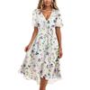Damen Sommer Blumenmuster Lässig Wickel V-Ausschnitt Rüschen Kapuze Kurze Ärmel Gürtel A-Linie Rüschensaum Midi Sommerkleid