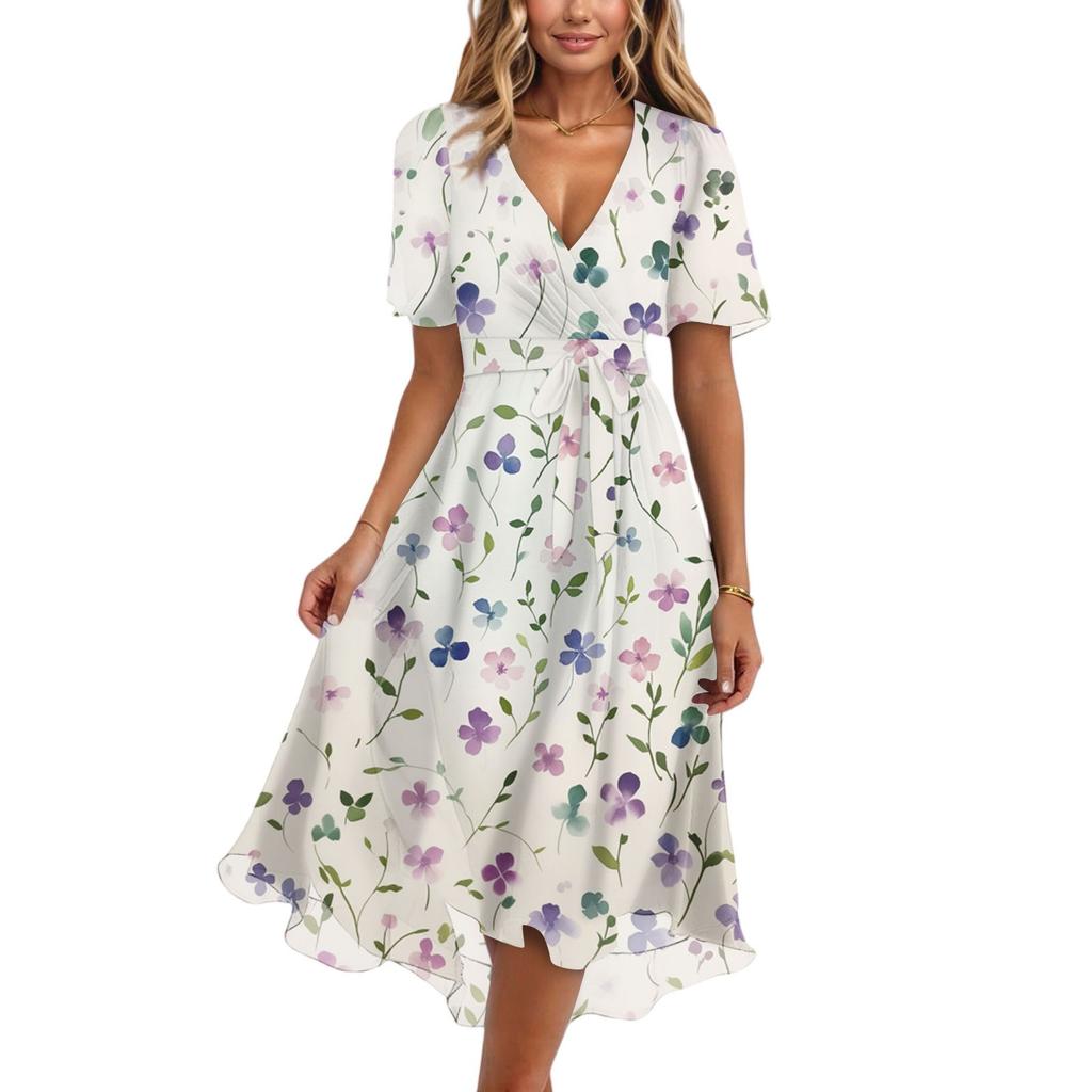 Damen Sommer Blumenmuster Lässig Wickel V-Ausschnitt Rüschen Kapuze Kurze Ärmel Gürtel A-Linie Rüschensaum Midi Sommerkleid
