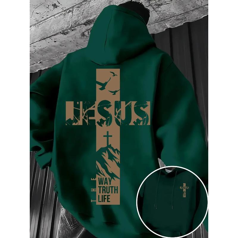 Men Autumn Winter Fleece Hoodie Jesus Cross The Way Truth Life Back Print Hooded Sweatshirt Streetwear Long Sleeve Daily Life