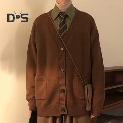 Sonbahar Kış Erkek Kazak Hırka V Yaka Örgü Kalın Lastikli Uzun Kollu Bol Preppy Stil Sıcak Düz Renk Örgü Günlük Giyim Kazak Mont