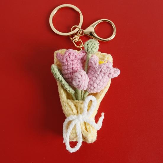 Keychain Pendant Hand Crocheted Flower Key Chain Colorful Yarn Roses Sunflower Charm Key Holder Bag Car Key Accessory