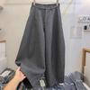 European-Style Petite Dark Grey Wool High-Waisted Casual Trousers for Women