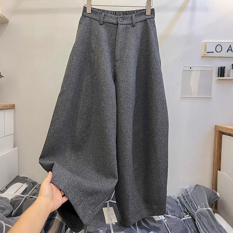 European-Style Petite Dark Grey Wool High-Waisted Casual Trousers for Women