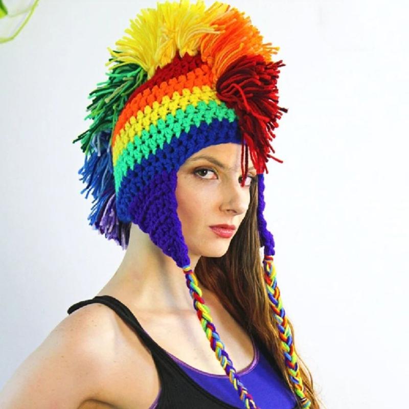 Halloween Funny Hat Roman Knight Hat Rainbow Striped Beanie Knit Beanie Earflap Hooded Rainbow Novelty Hat