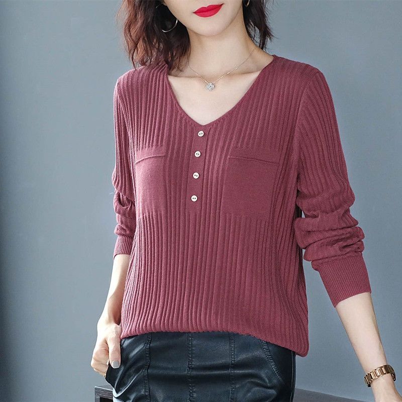 Pullover Sweater 2023 Spring and Autumn Long Sleeve V-Neck Loose Long Sleeve Solid Versatile Knitwear Sweater Pullover Women Top