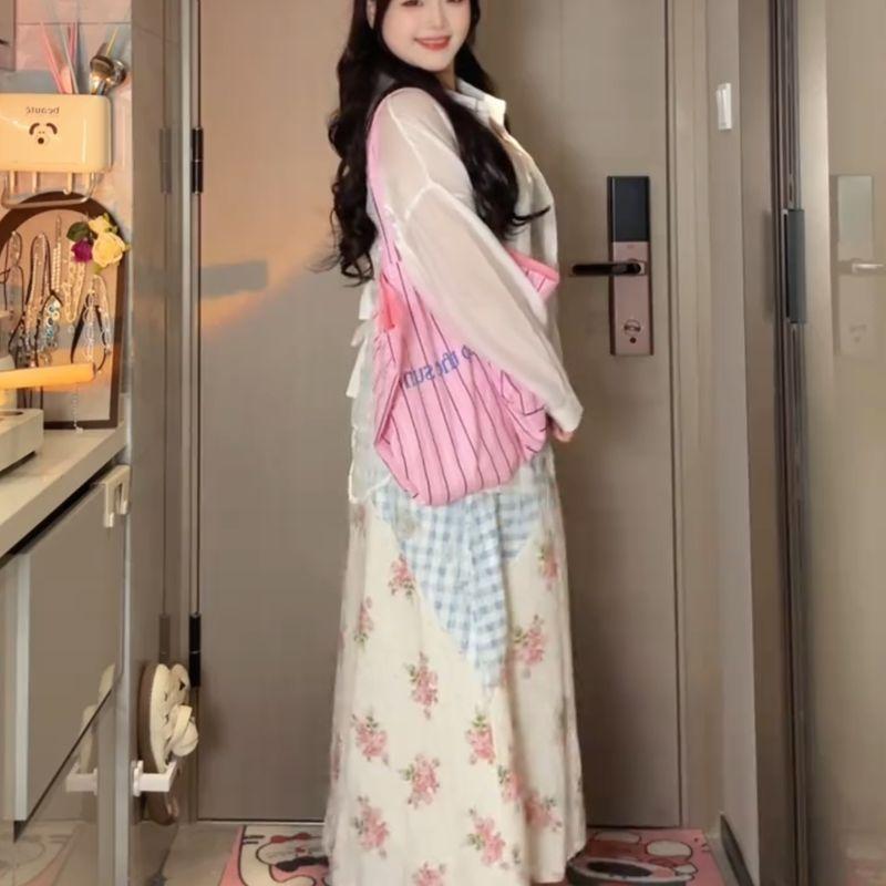 100.00kg Export Oversize Women's Clothing Plain Fur Amazon Fashion Vacation Style Plaid & Floral Print Suspender Skirt Cardigan