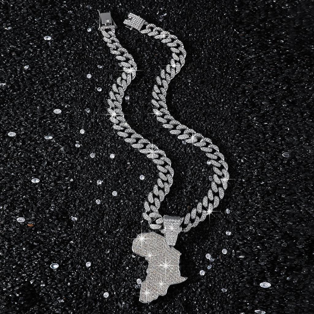 Iced Out Afrika Karten Anhänger Halskette Legierung Gold Plated Strass Cuban Link Kette Hip Hop Afrikanisches Erbe Street Charm Schmuck