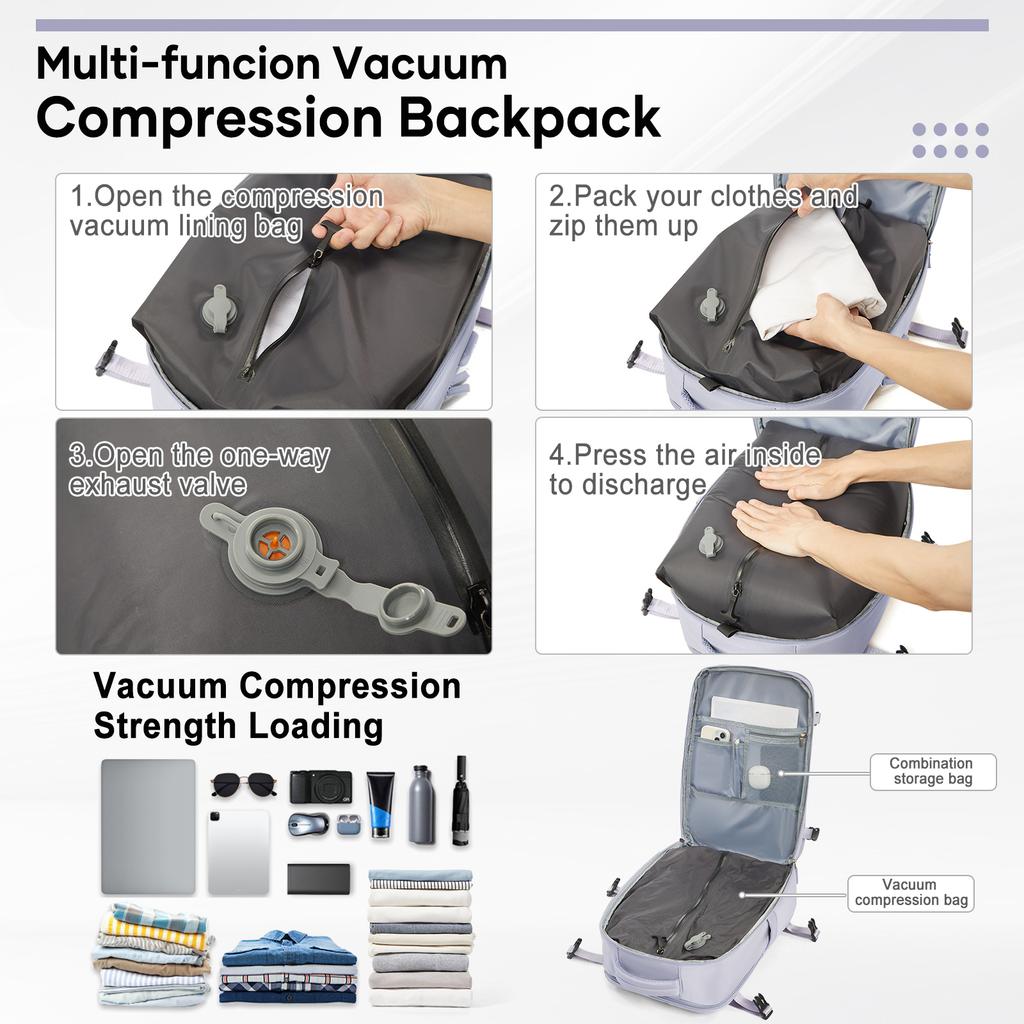 Travel Vacuum Backpack with Vacuum Compression Pump, Large Capacity Airplane Travel Backpack Women Men Expanded Laptop Backpack