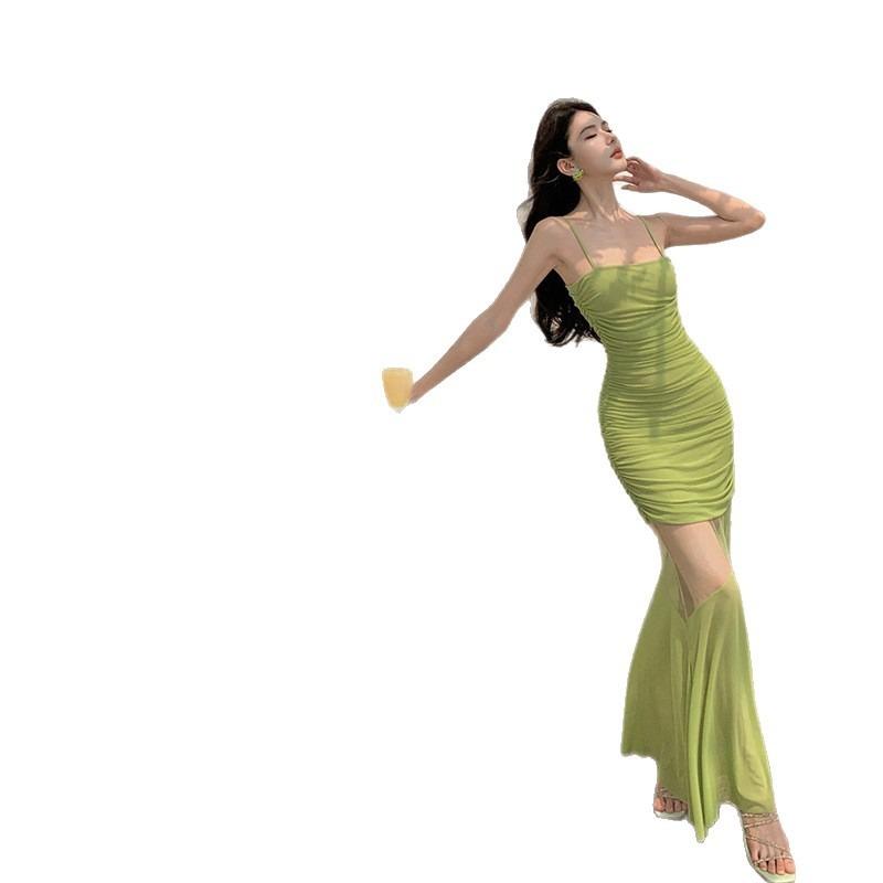 Thai Summer Dopamine Green Splicing Suspender Dress Sexy Pleated Hip Wrap Fishtail Dress