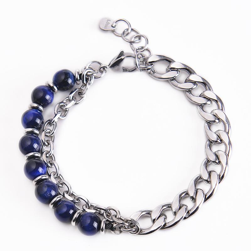 Meier Stainless Steel Men's Bracelet, Double-layer Tiger's Eye Stone Bracelet, Natural Stone Beaded Chain Bracelet