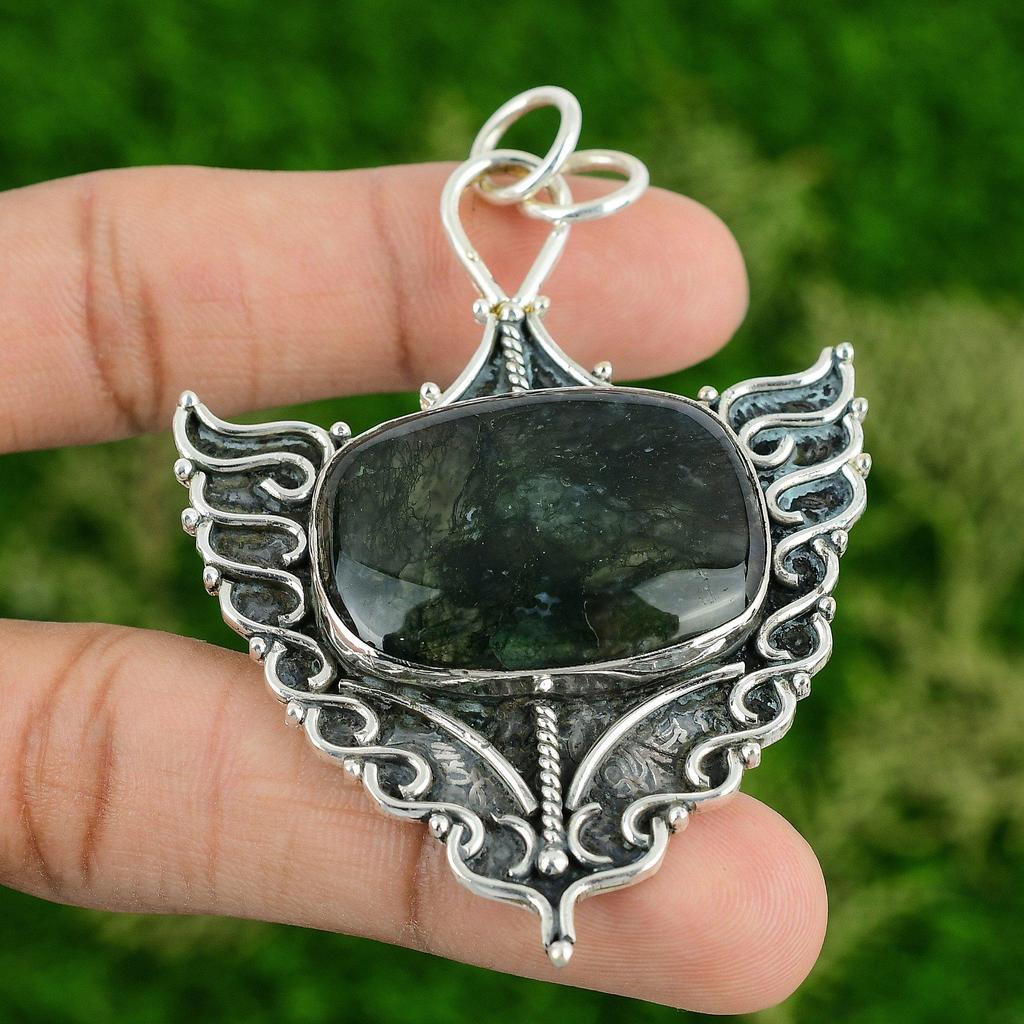 925 Silver Solar Moss Agate Stone Boho Wedding Anniversary Bezel Pendant Jewelry