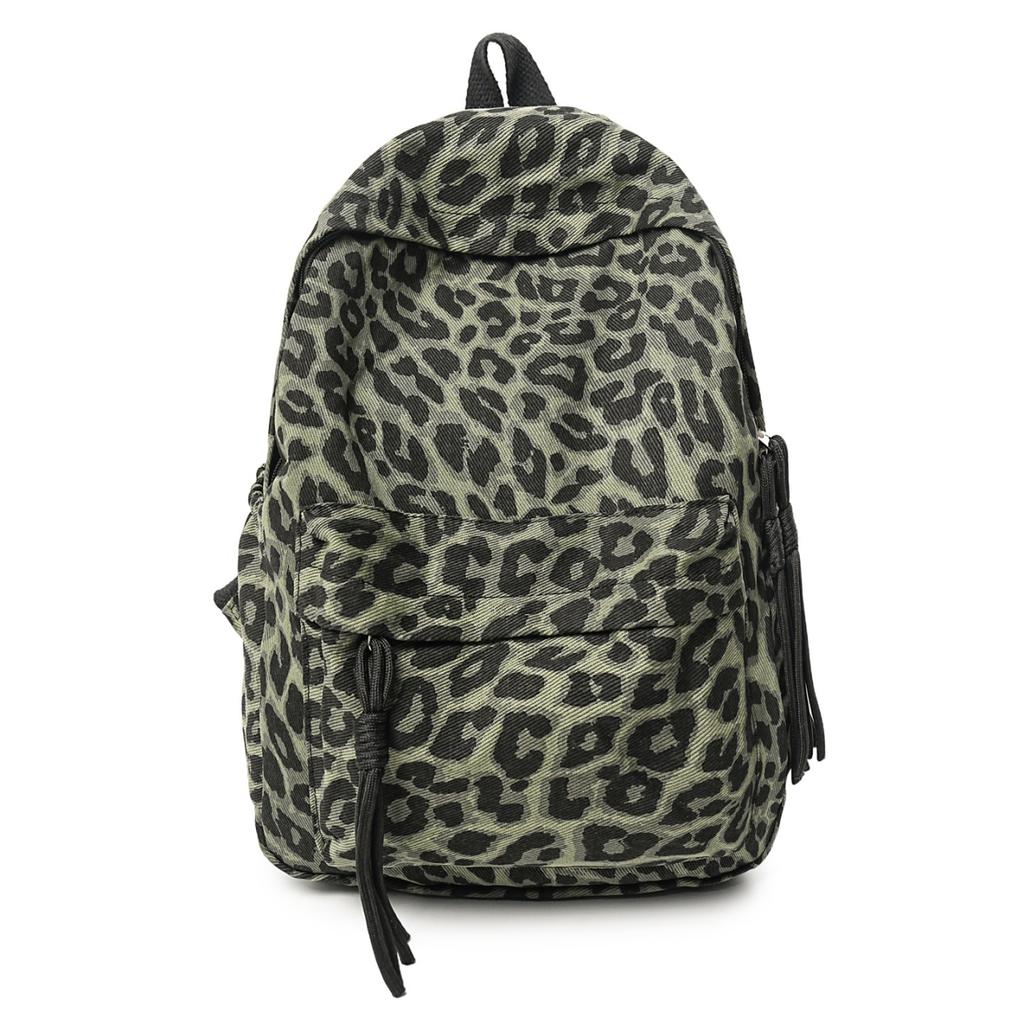 Leopard Print Backpack Casual Daily Use Trendy Street Style Lightweight Backpack for Women with Tassel Detail for School Travel and Everyday Outings