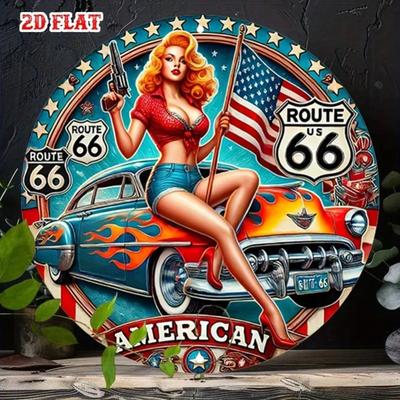 Vintage Route 66 Tin Sign Retro Pinup Girl Flag Classic Car Metal Wall Art Decor