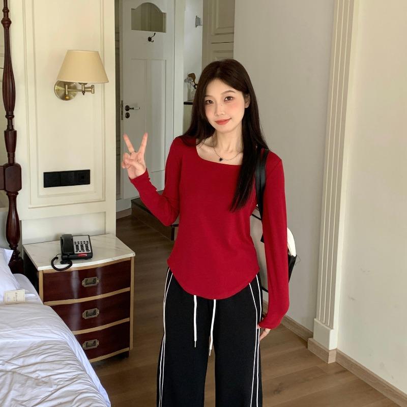 Long Sleeved T-shirt Women Autumn New Right Shoulder Cover Belly Fashion Casual Slim Hot Girl Top