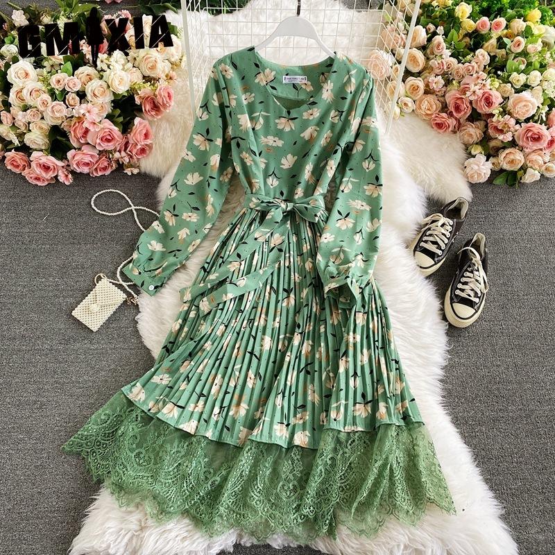 GMXIA 10 Color Retro Floral V-Neck Halter Waist Lace Dress Colored Fashion Long Dresses