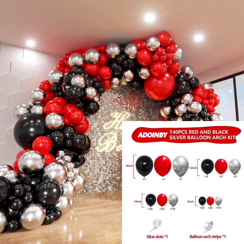 187/140pcs Red, Black, and Gold with Exploding Star Balloon Arch Set, Suitable for Birthday and Christmas Decoration