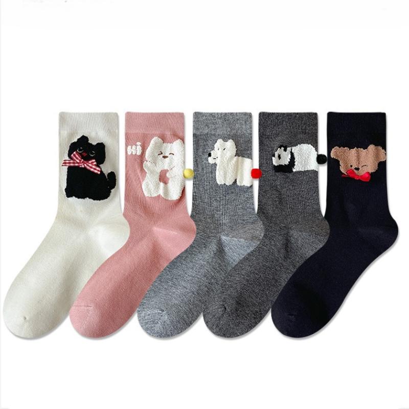Women's 3D Cartoon Animal Mid-tube Socks with Ball Spring Autumn Cute Trendy CreativeSoft Breathable Cotton Socks