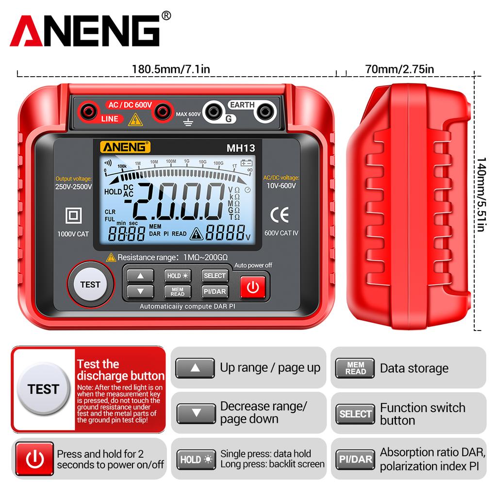 MH13 250V-2500V Digital Insulation Resistance Tester 1M Ohm -200G Ohm Megohm Testing Meter Auto Range 2000 Counts LCD Display 10V.600V ACCelsi