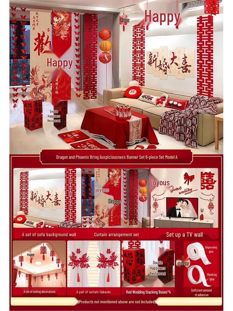 Double Happiness Wedding Room Cloth Banner Set for Ceremony and Hotel Décor