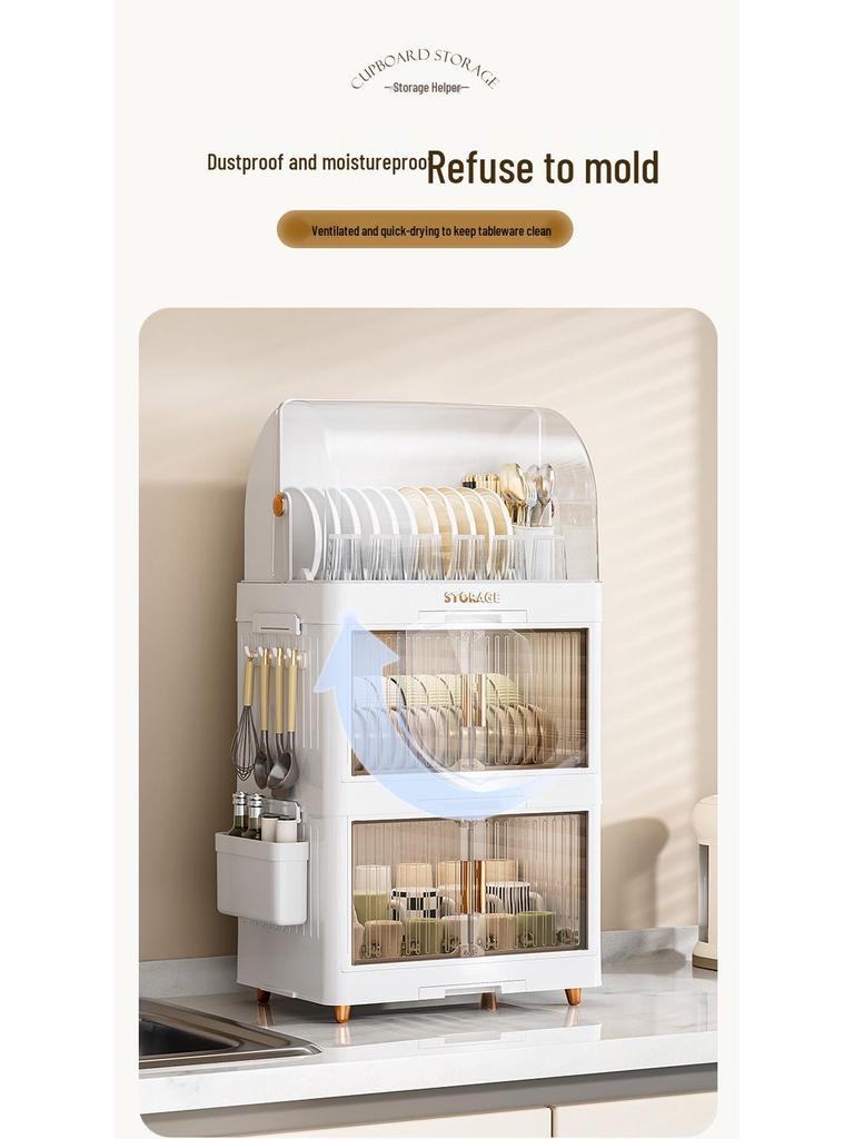 Foldable Multi-Layer Plastic Storage Cabinet with Lid - Organize Bowls, Plates, Baby Bottles, and Cups Dust-Free