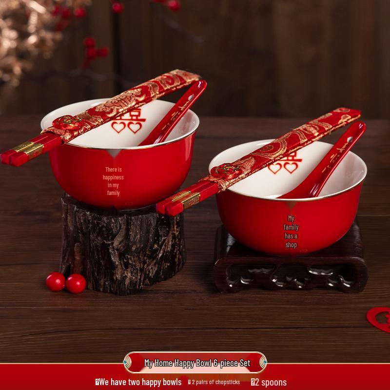 Festive Red Wedding Tea Set: Lidded Bowls, Tea Cups, and Chopsticks
