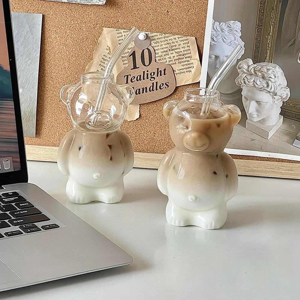 320ml Cute Glass Bear Cup with Straw Coffee Milk Cocktail Beverage Juice Cups Durable Drinks Glassware Christmas Birthday Gifts
