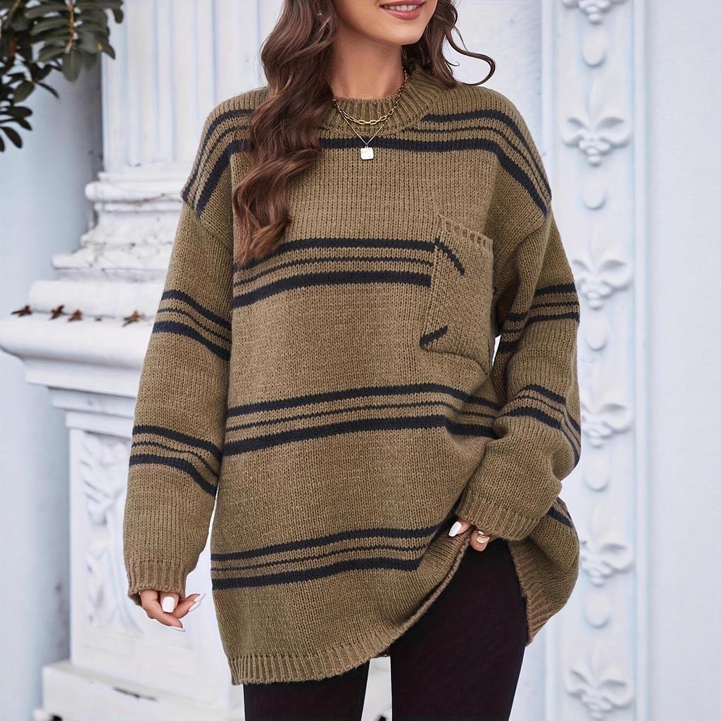 Women's Casual Stripe Knit Pullover with Pockets