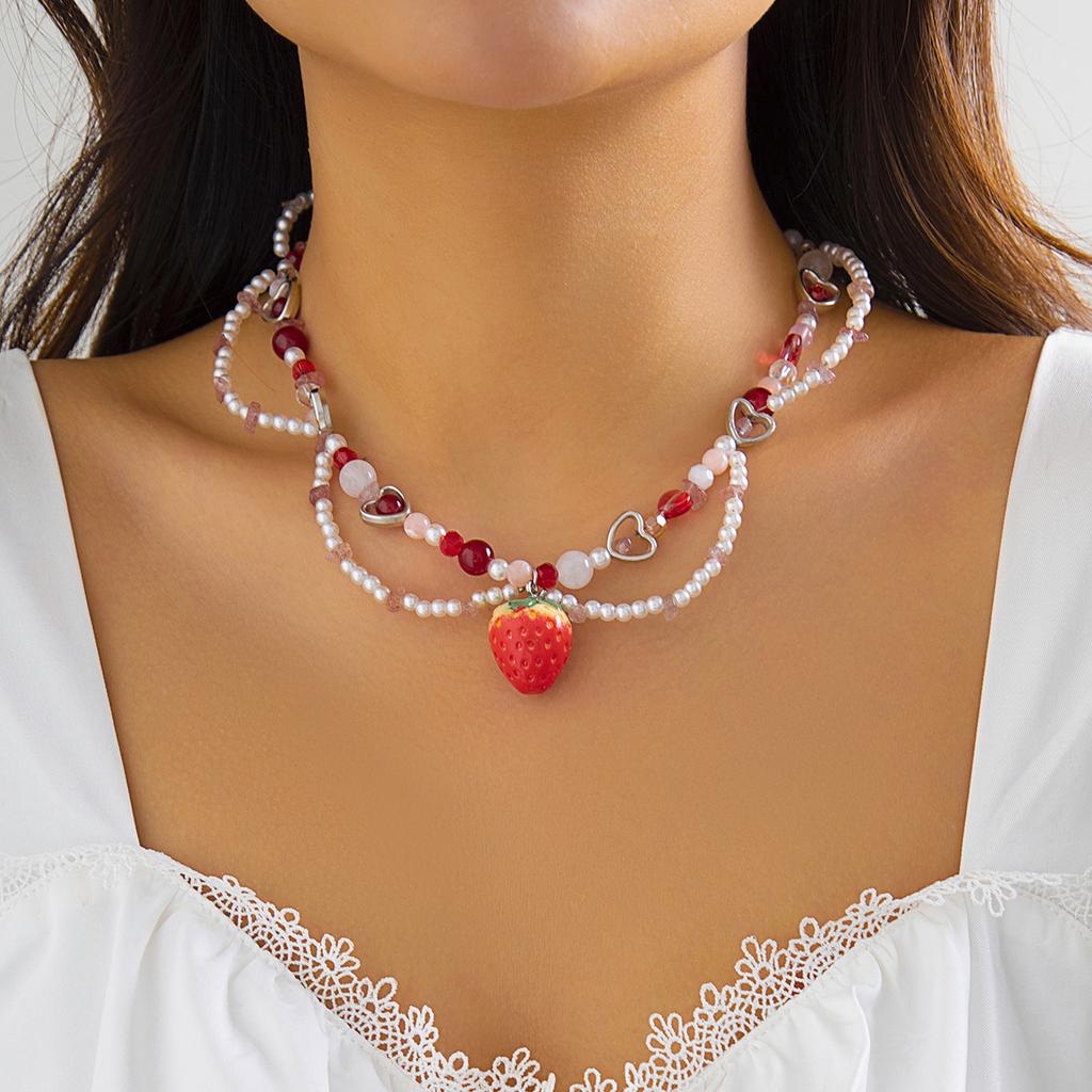 Salircon Korean Cute Red Strawberry Pendant Collar Necklace Gothic Heart Shaped Imitation Pearl Chain Choker Trend Jewelry