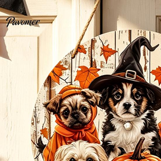 Festive Home Ornament Wooden Halloween Door Sign, Cute Puppy Witch Hat Pumpkin Boo Front Sign Hanger, Fall Maple Leaf Wall Decor for Porch Decoration