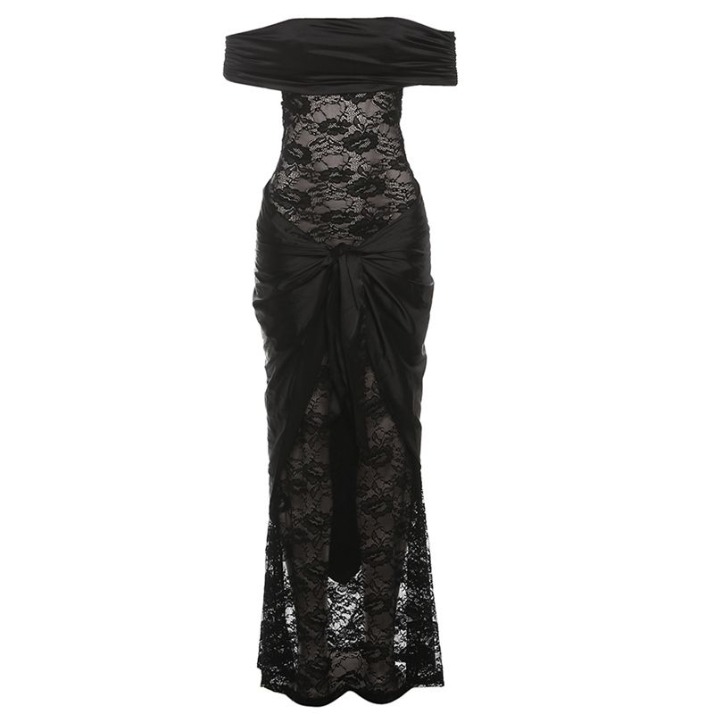 

# Sisjuly# Sexy Dark Night God Girl Strap Design Jacquard Lace Stitching Sense of Perspective Word Dress Women Black S