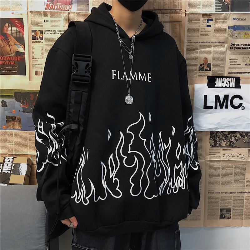 Sudadera con Capucha para Estudiantes para Hombre, Jersey de Manga Larga con Cuello Redondo, Jersey Creativo con Llamas de Graffiti, Sudadera con Capucha Suelta de Gran tamaño Harajuku