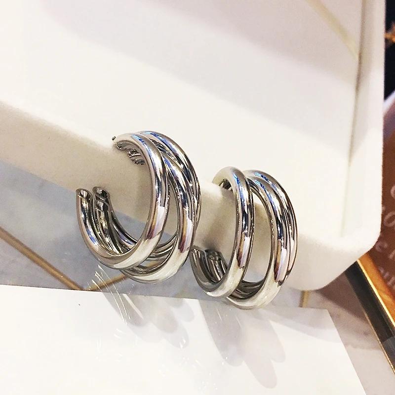 JWER Trendy Simple Silver Color Hoop Earrings For Women Girl Circle Round Minimalist Earrings Party NEW C-shape Jewelry Gifts
