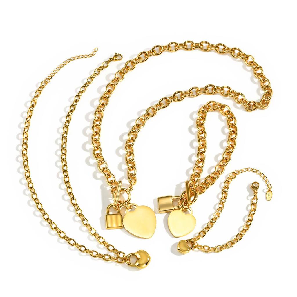 Vnox Luxury Love Lock Necklace Bracelet Set Stainless Steel Thick Chain Punk Rock Female Jewelry Gifts