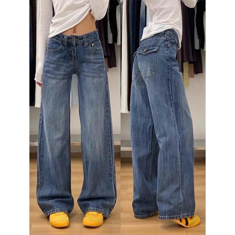 Women s Retro Washed Mid-Waist Straight Leg Jeans - Summer Loose Fit, Slimming, Floor-Length Wide Leg Pants 2XL