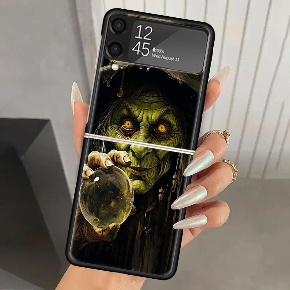 Halloween Moon Witch Horror Hard PC Phone Case For Samsung Galaxy Z Flip 7 6 5 4 3 Black ZFlip7 ZFlip6 Flip5 Flip4 Flip3 5G Prin