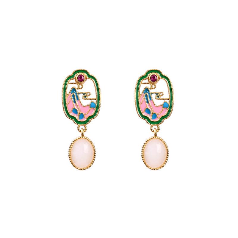 925 Sterling Silver Chinese-Style Enamel and Imitation Jade Dangle Earrings for Women - Retro Niche Design