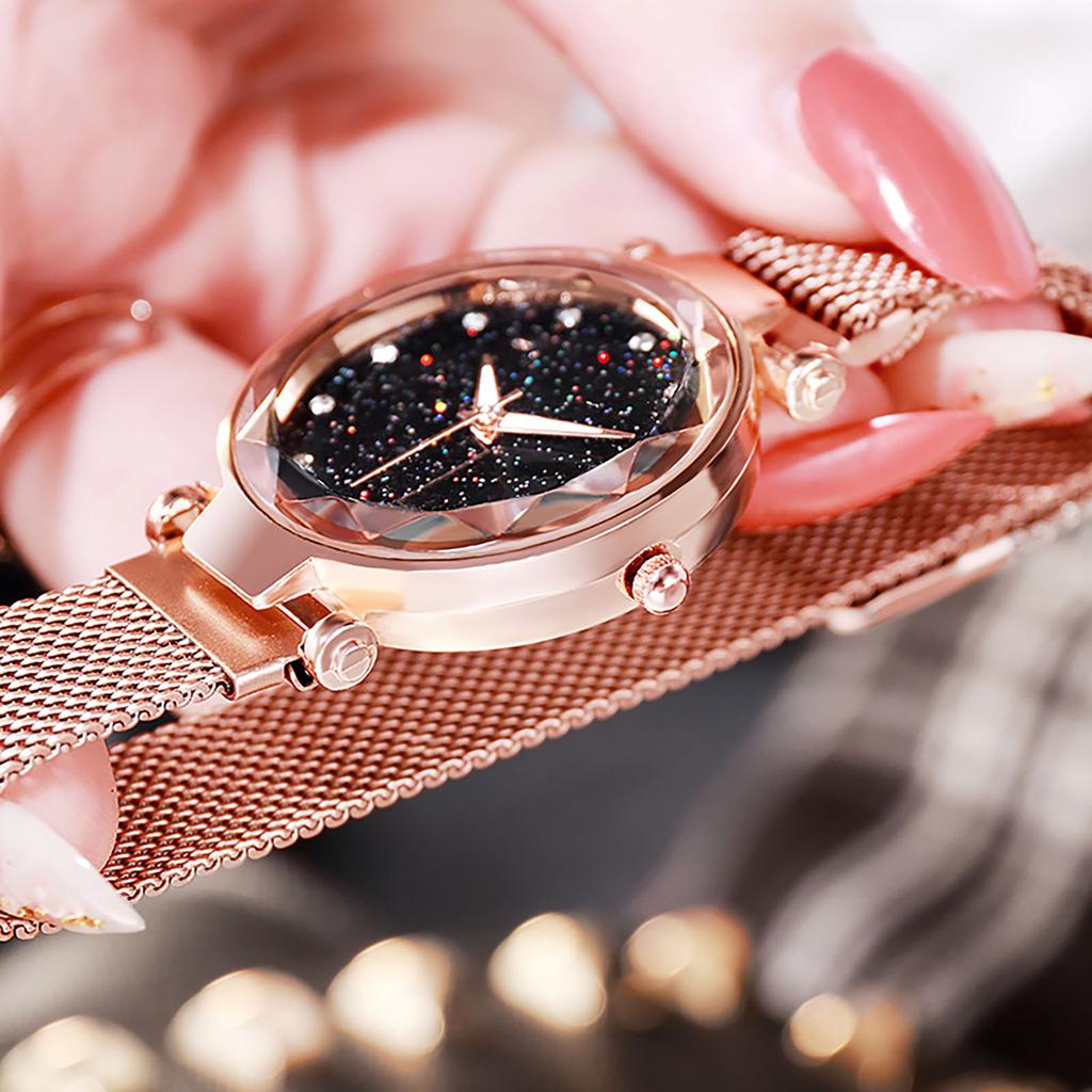 Women Round Bracelet Watch Starry Sky Analog Quartz Wristwatch with Clear Dial for Outside Office Business Meeting