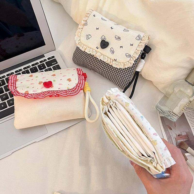 Womens Small Coin Purse Heart Button Decor Lipstick Sanitary Napkin Coin Money Bag Floral Earphones Data Cable Storage Case