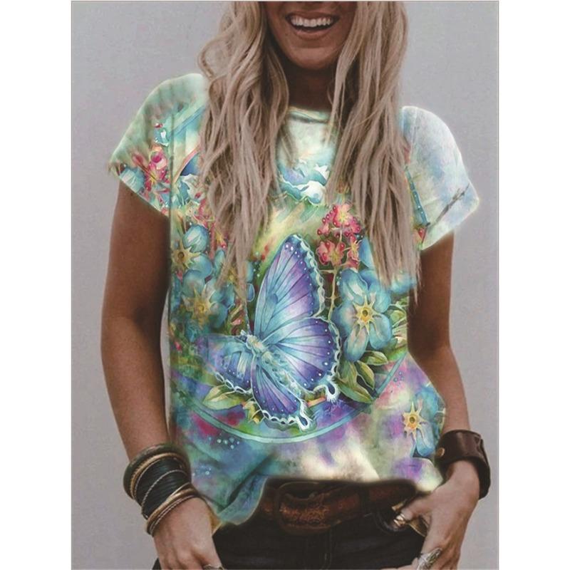 Summer Round Neck 3D Flower Print Top Fashionable Casual Short Sleeved Women's T-shirts