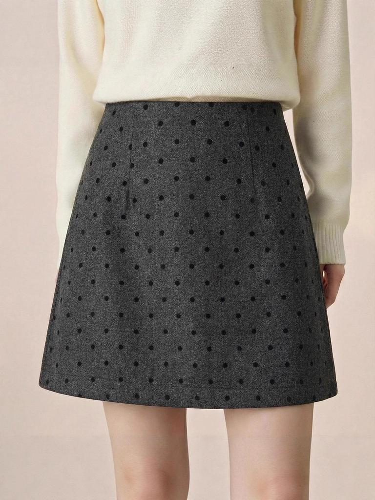 Women's 2025 Gray Polka Dot High Waist Woolen Skirt - Winter Fashion, Petite, Slimming, Hip-Hugging Style