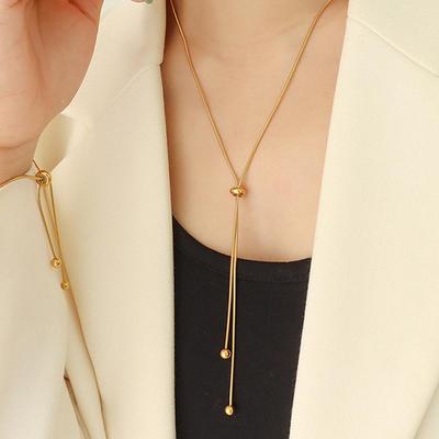 Orazio 14K Gold Stainless Steel Pendant Necklace Y-shaped Beads Collarbone Round Long Snake Chain Women's Jewelry Gift