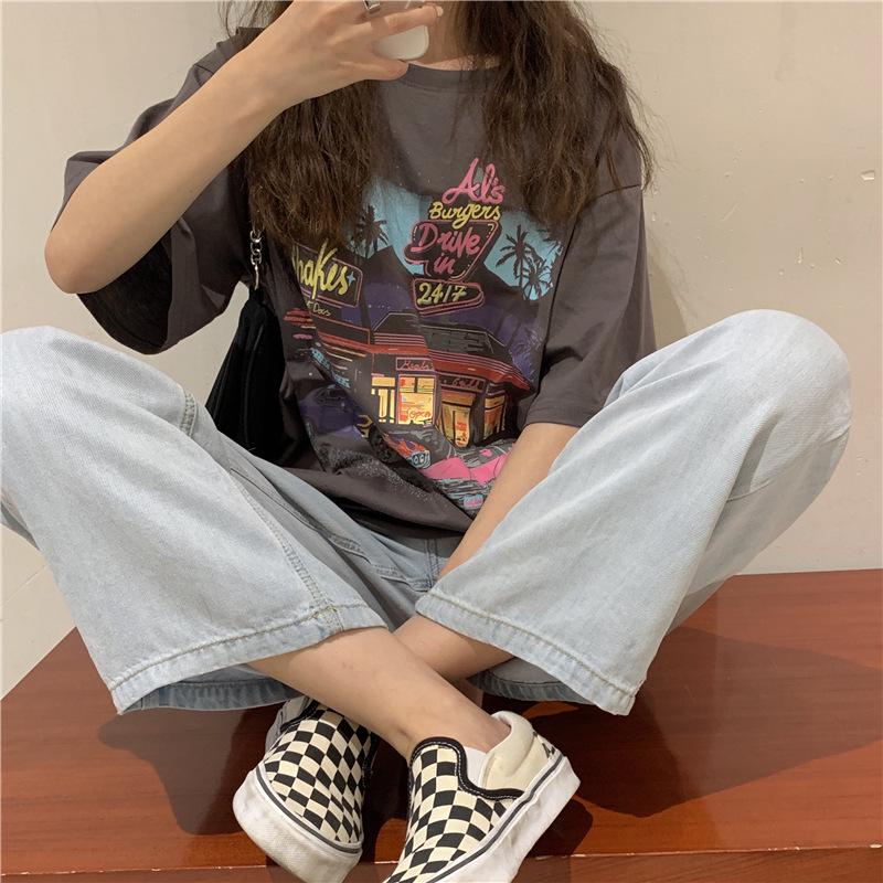 T-Shirt im koreanischen Stil mit Retro-Print, lockere Passform, kurze Ärmel für Damen - Übergröße, Frühjahr 2023