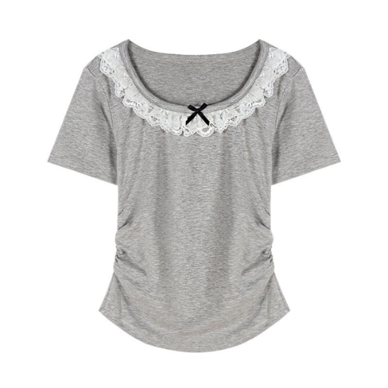 

Летняя женская новая кружевная футболка с садовым воротником, облегающая, с коротким рукавом XL серый