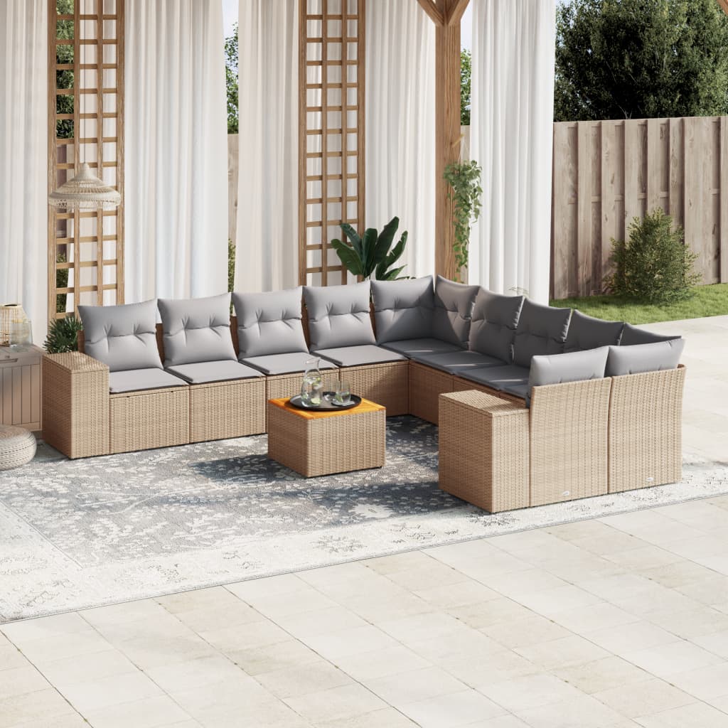 Vidaxl 11-Cz. Garden Furniture Set With Cushions, Beige, Poly Rattan