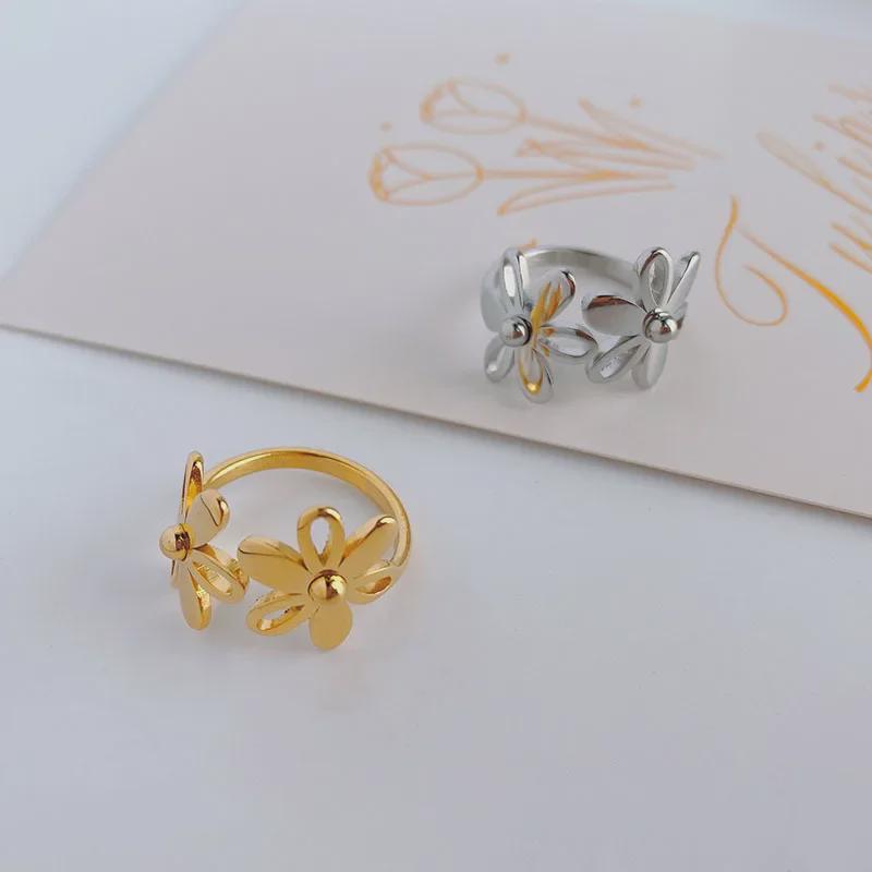 Vintage Korean Titanium Steel Floral Open Ring - Trendy Cold Style for Women
