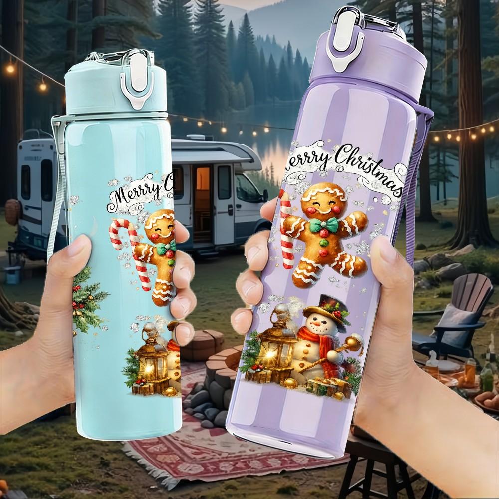 1PC Christmas Bear Gift Cartoon Print 750ml Color Plastic Sports Water Bottle Leakproof Flip Straw Lid Suitable for Sports Office Home Use